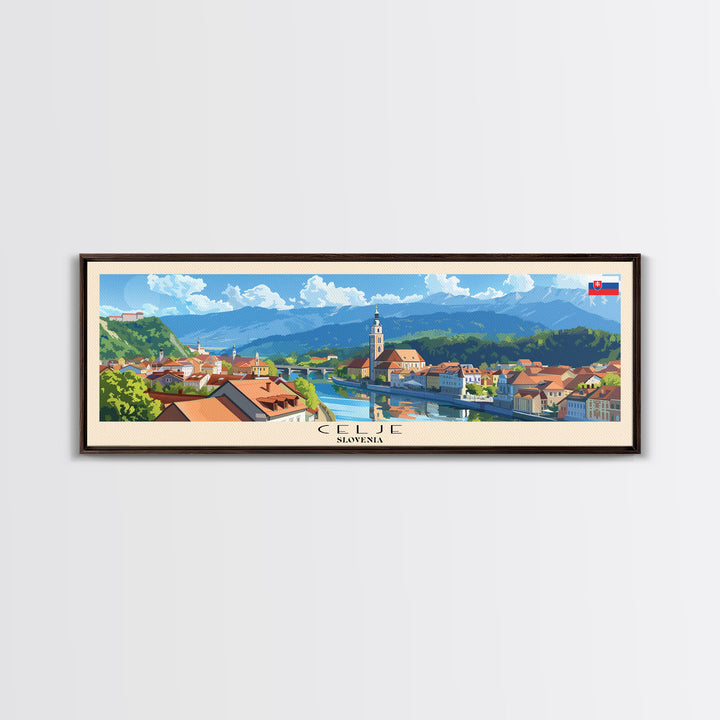 Celje Slovenia Panoramic Travel Poster, Framed Canvas Print or Metal Wall Art, Travel Art, Home Decor, Panoramic Painting, Midcentury Art