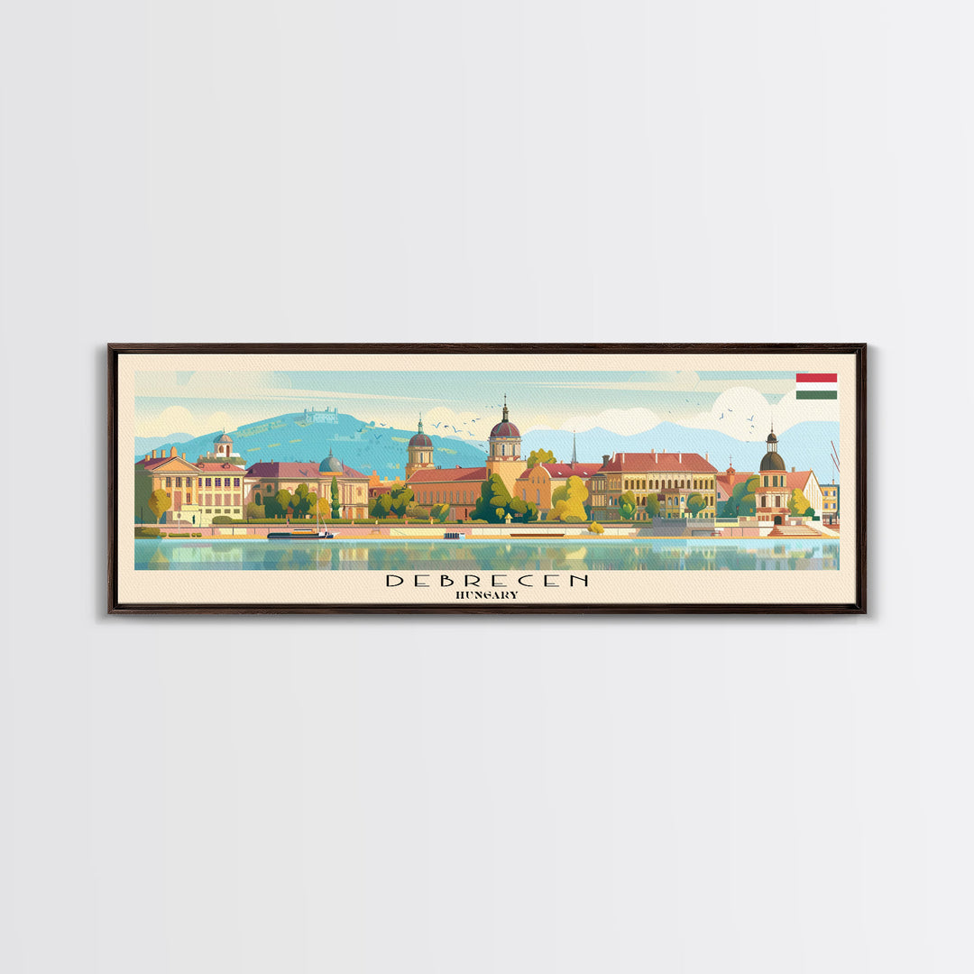 Debrecen Hungary Panoramic Travel Poster, Framed Canvas Print or Metal Wall Art, Travel Art, Home Decor, Panoramic Painting, Midcentury Art