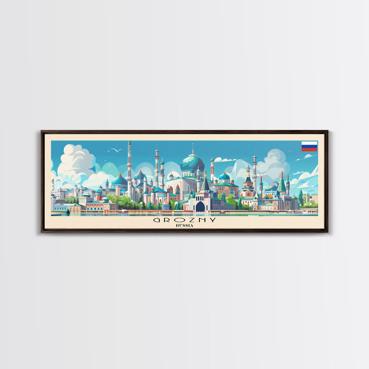 Grozny Russia Panoramic Travel Poster, Framed Canvas Print or Metal Wall Art, Travel Art, Home Decor, Panoramic Painting, Midcentury Art