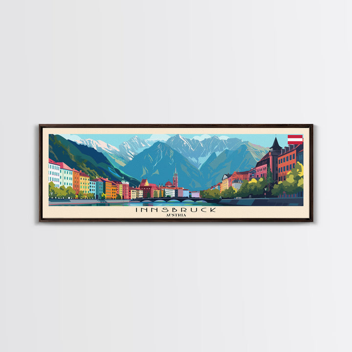 Innsbruck Austria Panoramic Travel Poster, Framed Canvas Print or Metal Wall Art, Travel Art, Home Decor, Panoramic Painting, Midcentury Art