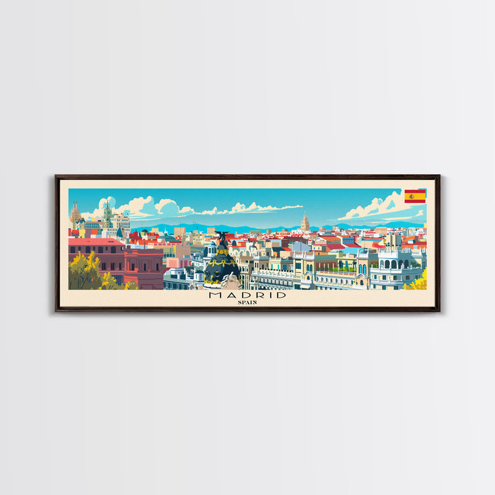 Madrid Spain Panoramic Travel Poster, Framed Canvas Print or Metal Wall Art, Travel Art, Home Decor, Panoramic Painting, Midcentury Art
