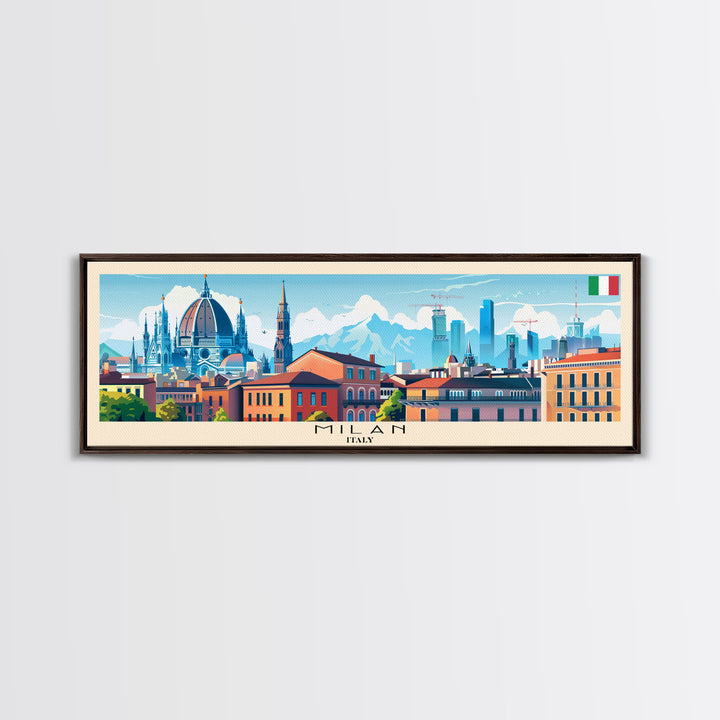 Milan Italy Panoramic Travel Poster, Framed Canvas Print or Metal Wall Art, Travel Art, Home Decor, Panoramic Painting, Midcentury Art