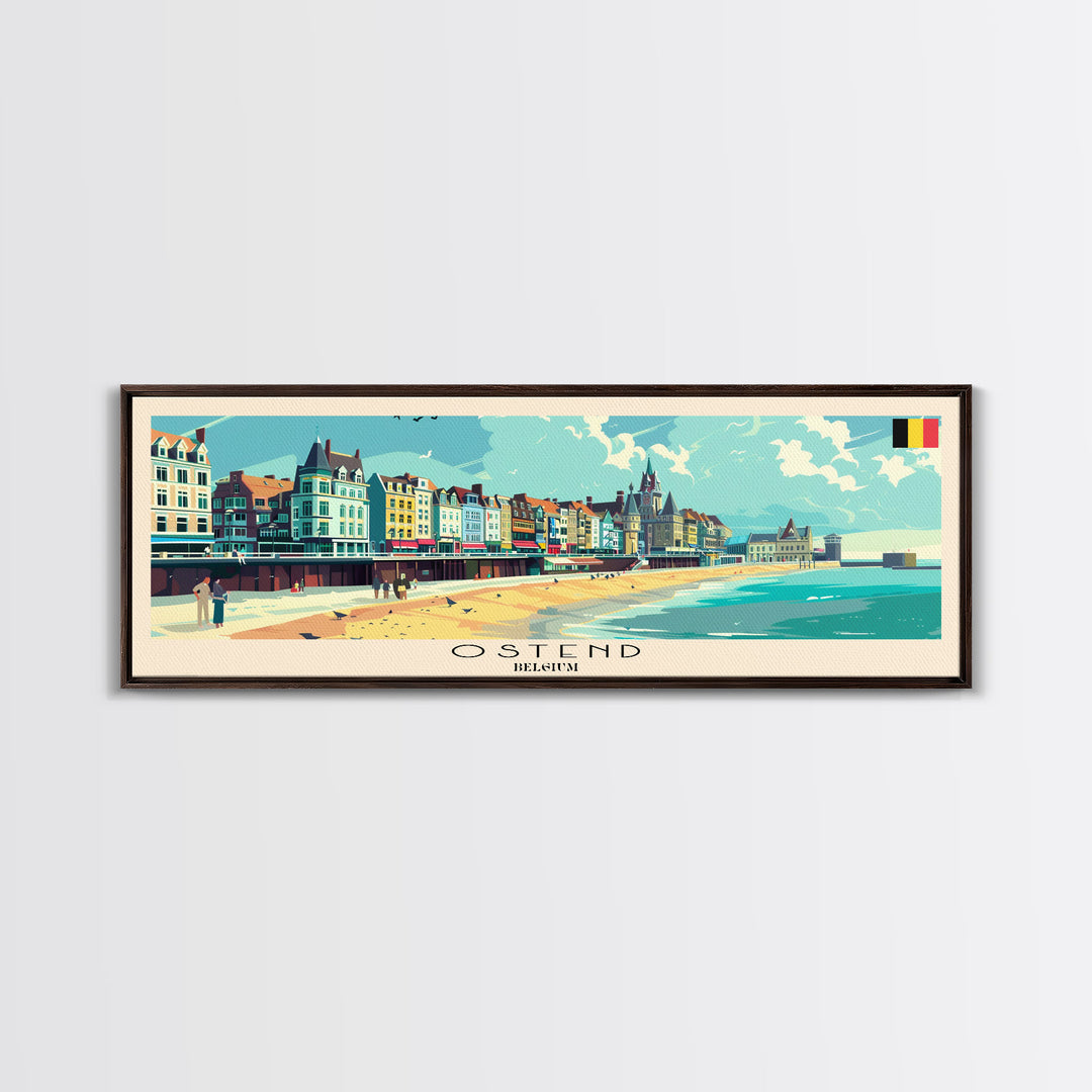 Ostend Belgium Panoramic Travel Poster, Framed Canvas Print or Metal Wall Art, Travel Art, Home Decor, Panoramic Painting, Midcentury Art