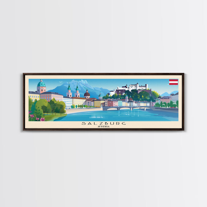 Salzburg Austria Panoramic Travel Poster, Framed Canvas Print or Metal Wall Art, Travel Art, Home Decor, Panoramic Painting, Midcentury Art