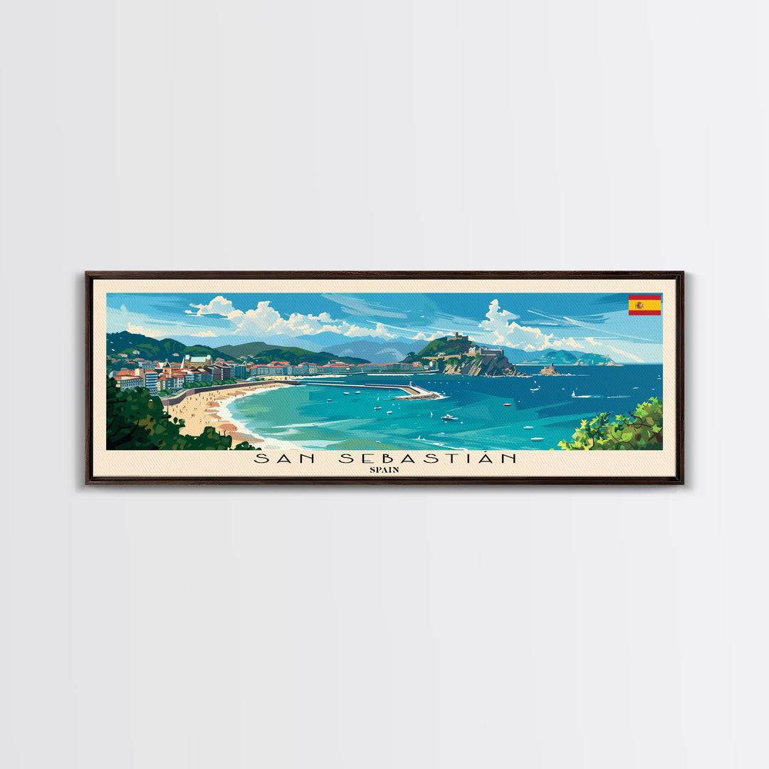 San Sebastian Spain Panoramic Travel Poster, Framed Canvas Print or Metal Wall Art, Travel Art, Home Decor, Panoramic Painting, Midcentury Art