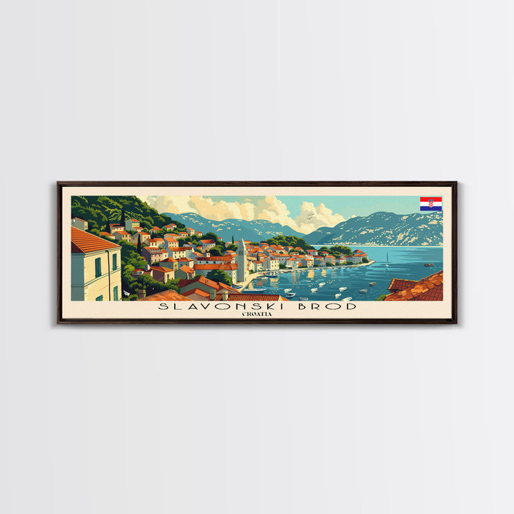 Slavonski Brod Croatia Panoramic Travel Poster, Framed Canvas Print or Metal Wall Art, Travel Art, Home Decor, Panoramic Painting, Midcentury Art