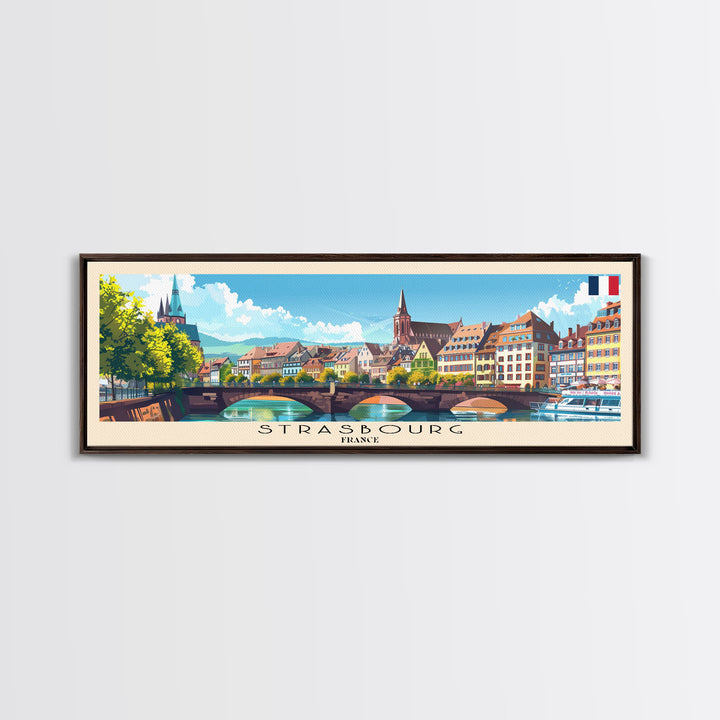 Strasbourg France Panoramic Travel Poster, Framed Canvas Print or Metal Wall Art, Travel Art, Home Decor, Panoramic Painting, Midcentury Art