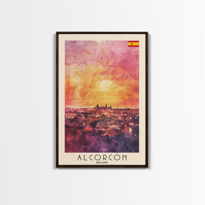 Alcorcón Spain Sunset Skyline Travel Poster Art, Framed Canvas Print, Beautiful Wall Art for Living Room or Bedroom, Home Decoration