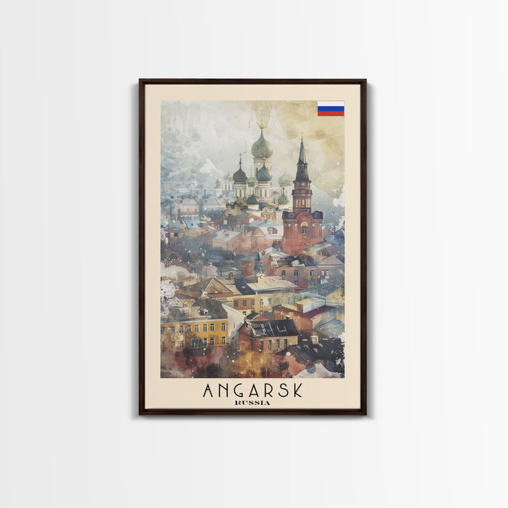 Beautiful Angarsk Skyline, Framed Canvas Print, Unique Travel Poster Art, Living Room Wall Decor, Minimalist Style, Watercolor Painting