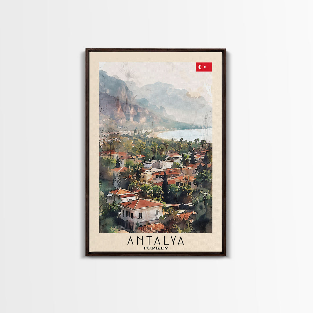Picturesque Antalya Coastline, Framed Canvas Print, Ideal for Living Room Art, Travel Poster, Boho Wall Decor, Watercolor Art