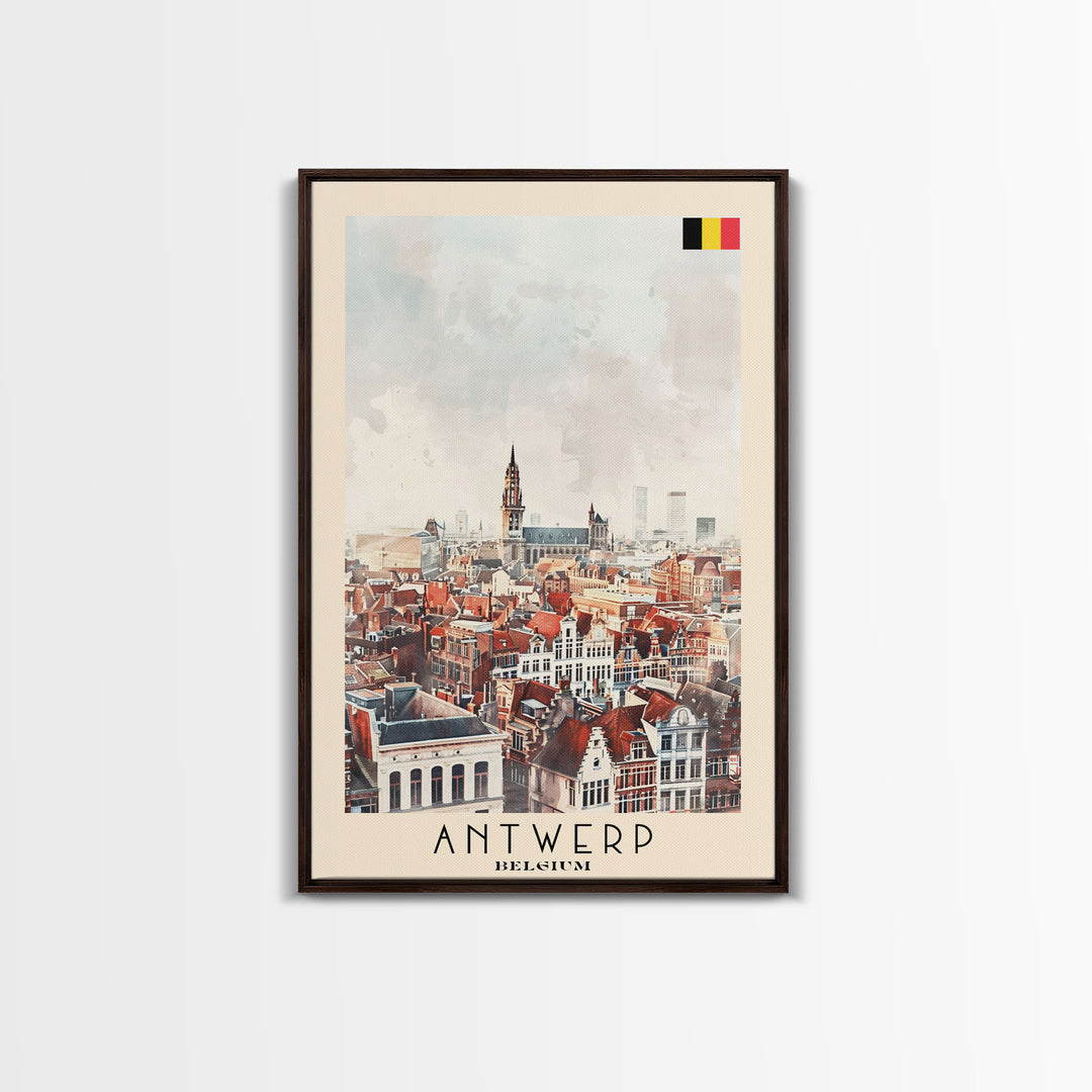 Charming Antwerp Cityscape, Framed Canvas Print, Perfect for Living Room Art, Travel Poster, Minimalist Home Decor, Watercolor Art