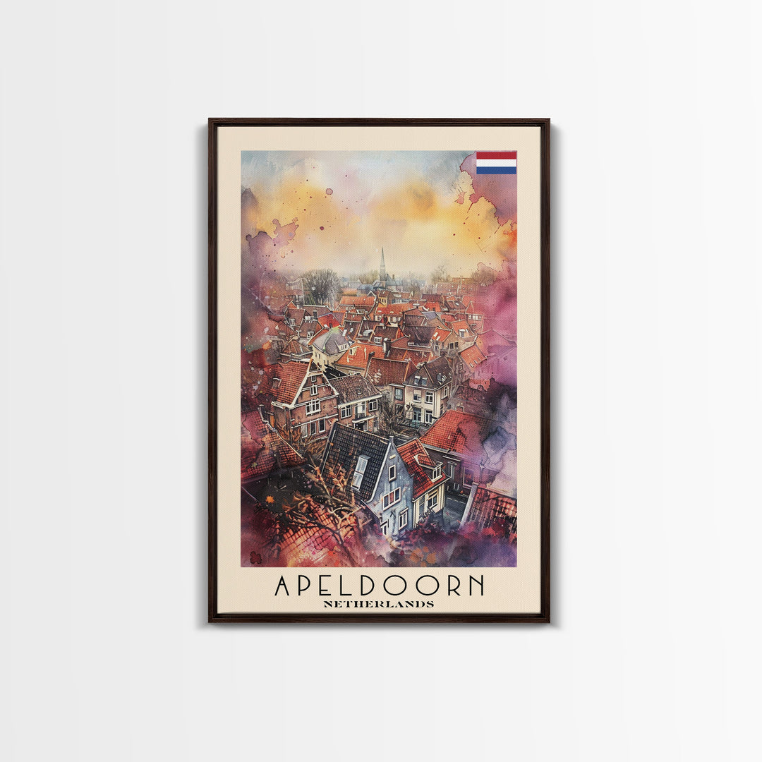 Scenic Apeldoorn Rooftops, Framed Canvas Print, Perfect for Living Room Art, Travel Poster, Boho Wall Decor, Watercolor Painting