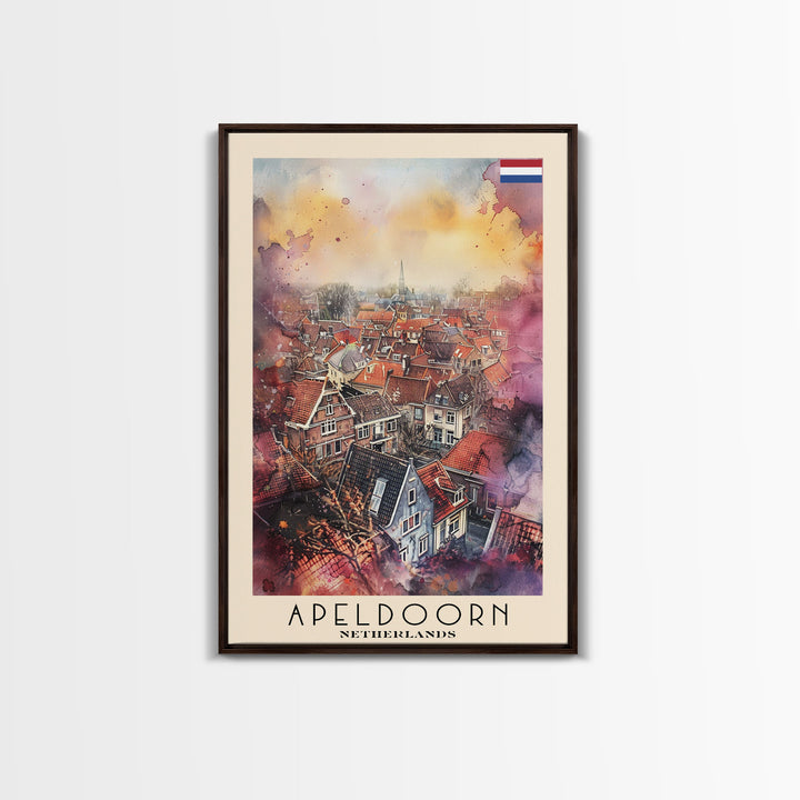 Scenic Apeldoorn Rooftops, Framed Canvas Print, Perfect for Living Room Art, Travel Poster, Boho Wall Decor, Watercolor Painting