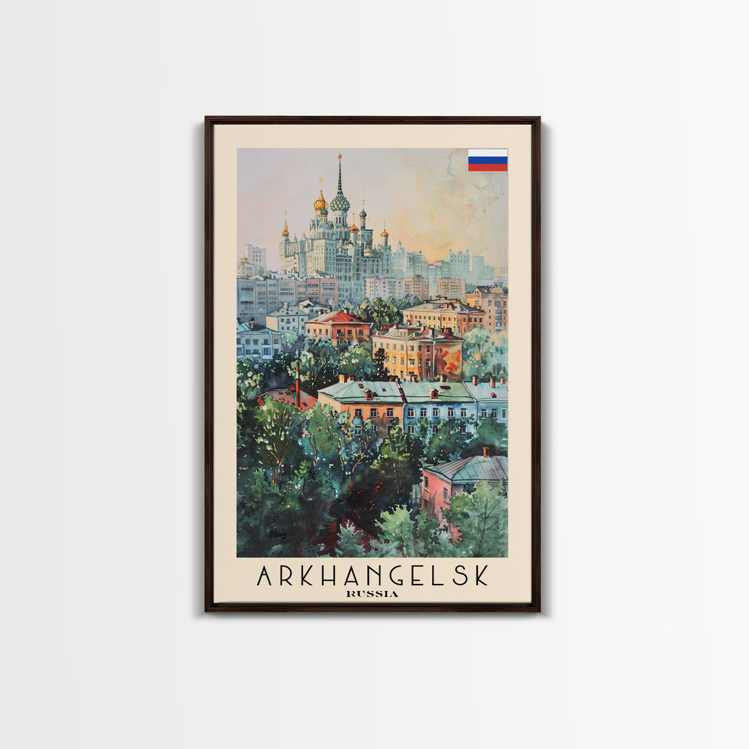 Majestic Arkhangelsk View, Framed Canvas Print, Perfect for Living Room Art, Travel Poster, Boho Home Decor, Watercolor Art
