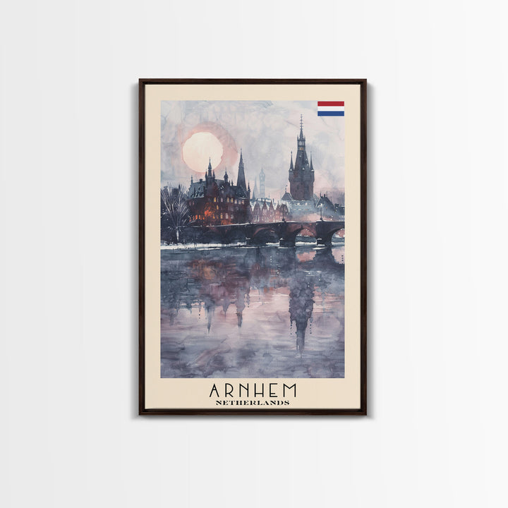 Arnhem Netherlands Travel Poster Framed Canvas Print, Wall Art, Home Decor, Vacation Print, Watercolor Painting, Cityscape Art