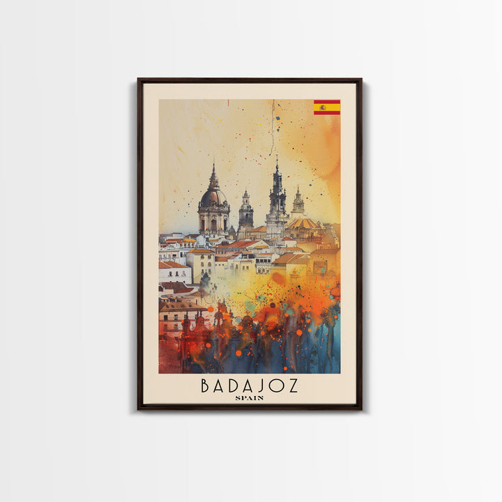 Badajoz Spain Travel Poster Framed Canvas Print, Wall Art, Home Decor, Vacation Print, Watercolor Painting, Cityscape Art, Vibrant Colors