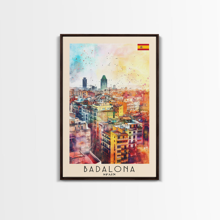 Badalona Spain Travel Poster Framed Canvas Print, Wall Art, Home Decor, Travel Print, Watercolor Painting, Urban Cityscape, Original Art