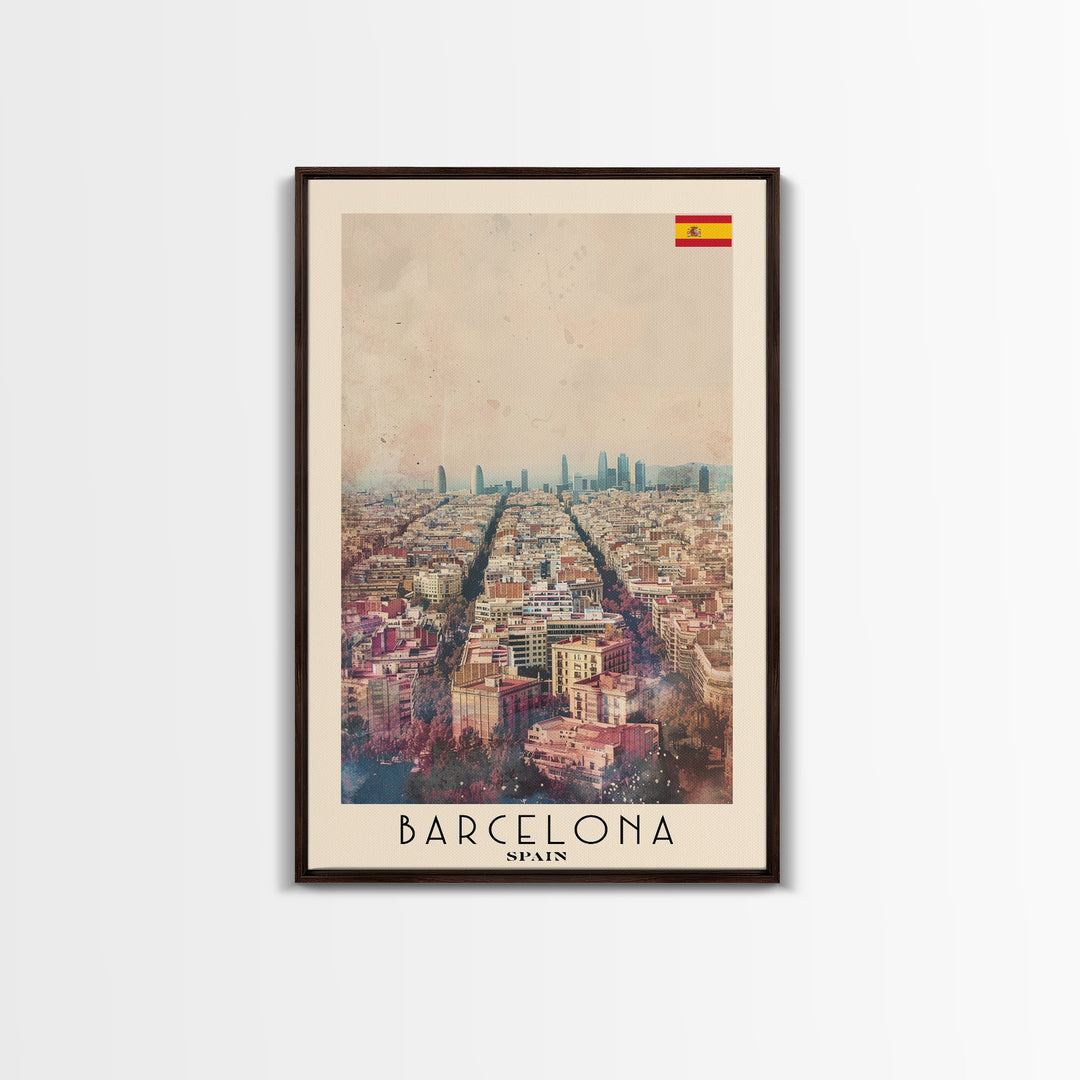 Barcelona Spain Travel Poster Framed Canvas Print, Wall Art, Home Decor, Travel Print, Watercolor Painting, Urban Scene, Vibrant Colors