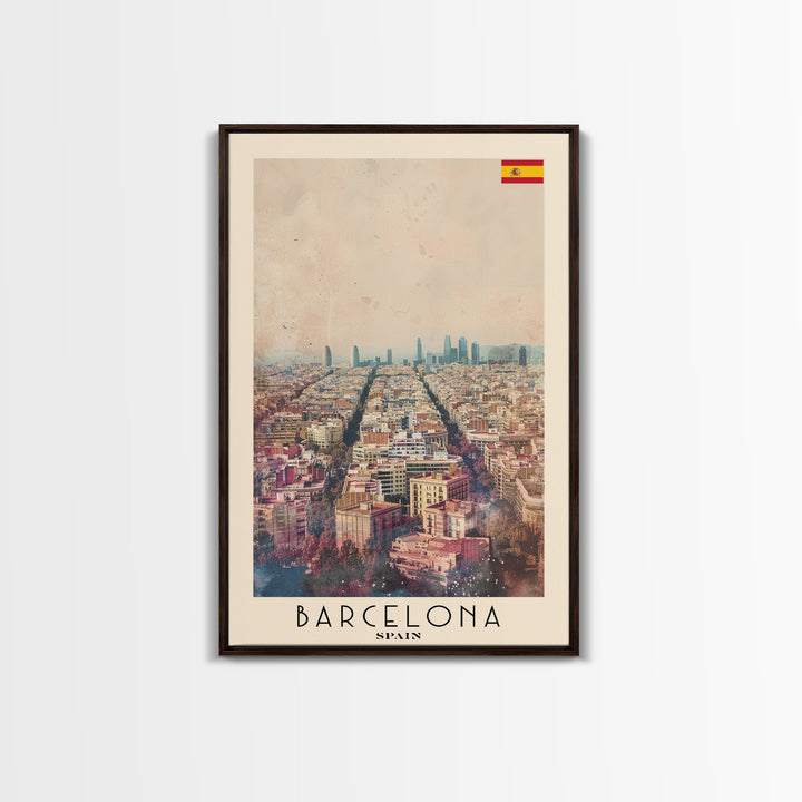 Barcelona Spain Travel Poster Framed Canvas Print, Wall Art, Home Decor, Travel Print, Watercolor Painting, Urban Scene, Vibrant Colors