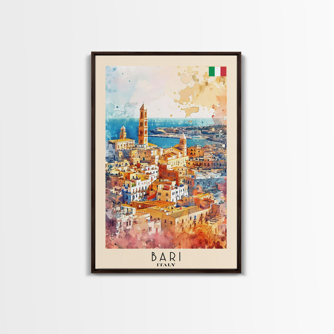 Bari Italy Travel Poster Framed Canvas Print, Wall Art, Home Decor, Watercolor Painting, Vacation Gift, Minimalist Art