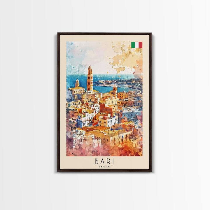 Bari Italy Travel Poster Framed Canvas Print, Wall Art, Home Decor, Watercolor Painting, Vacation Gift, Minimalist Art