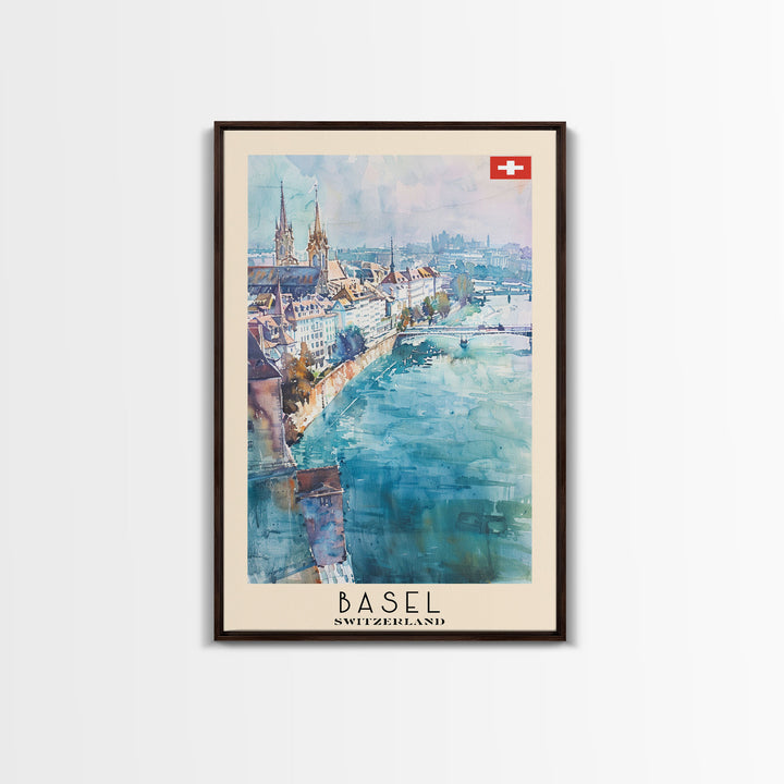 Basel Switzerland Travel Poster Framed Canvas Print, Wall Art, Home Decor, Watercolor Painting, Vacation Gift, Minimalist Art