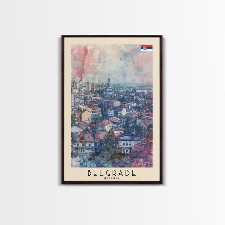 Belgrade Serbia Travel Poster Framed Canvas Print, Wall Art, Living Room Art, Watercolor Painting, Original Art, Vacation Gift