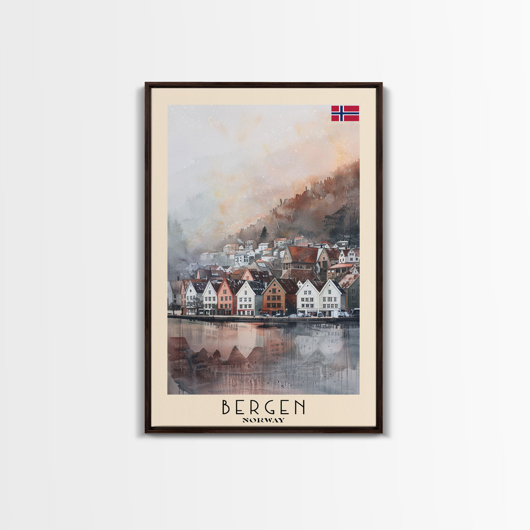 Bergen Norway Travel Poster Framed Canvas Print, Watercolor Painting, Wall Art, Home Decor, Boho Art, Scenic Travel Print