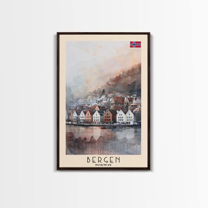 Bergen Norway Travel Poster Framed Canvas Print, Watercolor Painting, Wall Art, Home Decor, Boho Art, Scenic Travel Print