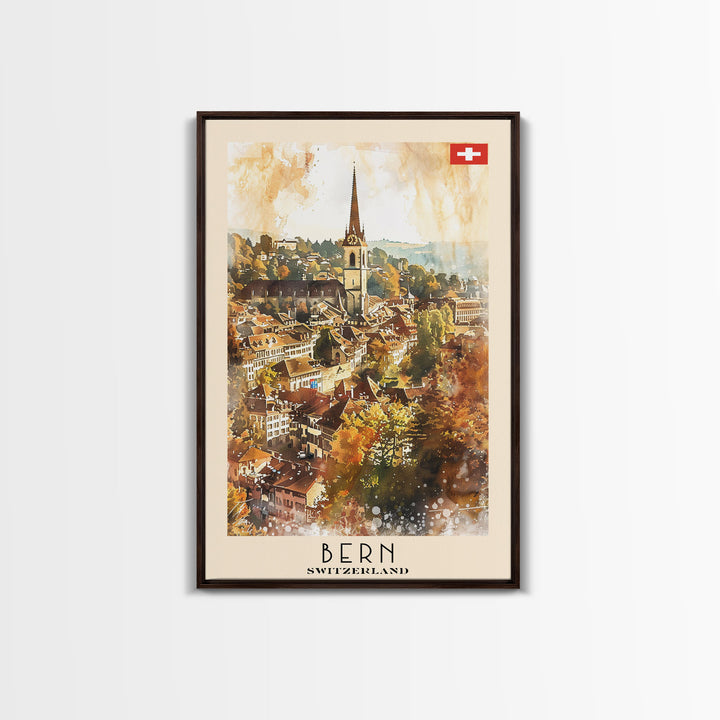 Bern Switzerland Travel Poster Framed Canvas Print, Watercolor Painting, Wall Art, Home Decor, Travel Print, Scenic Art, Original