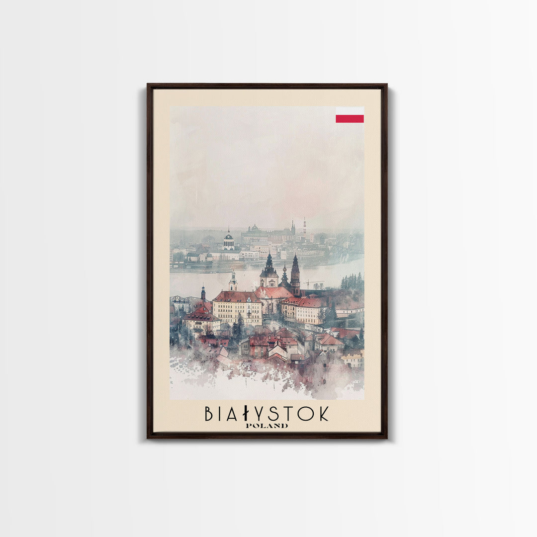 Białystok Poland Travel Poster Framed Canvas Print, Watercolor Art, Home Decor, Wall Art, Travel Print, Historic Cityscape Art