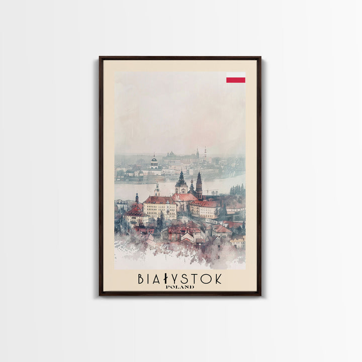 Białystok Poland Travel Poster Framed Canvas Print, Watercolor Art, Home Decor, Wall Art, Travel Print, Historic Cityscape Art