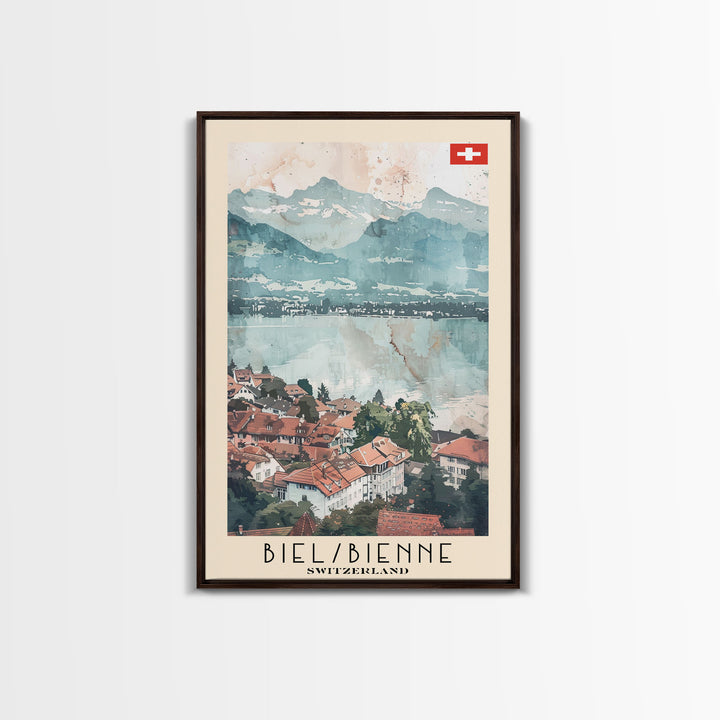 Biel/Bienne Switzerland Travel Poster Framed Canvas Print, Watercolor Painting, Wall Art, Home Decor, Scenic Travel Print