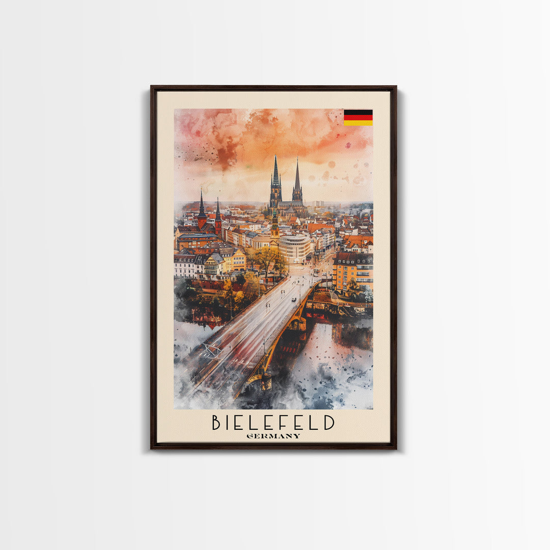 Bielefeld Germany Travel Poster Framed Canvas Print, Watercolor Art, Home Decor, Wall Art, Travel Print, Cityscape Art