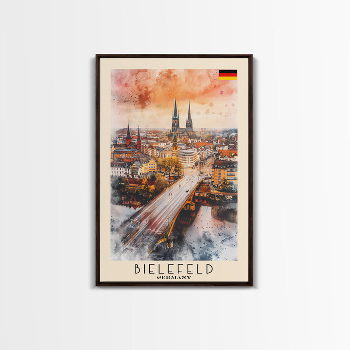 Bielefeld Germany Travel Poster Framed Canvas Print, Watercolor Art, Home Decor, Wall Art, Travel Print, Cityscape Art