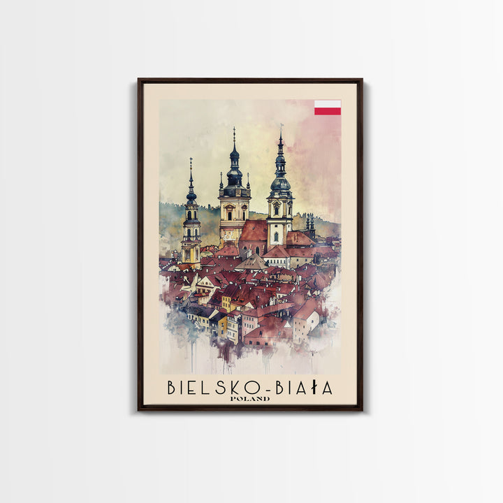 Bielsko-Biała Poland Travel Poster Framed Canvas Print, Watercolor Painting, Wall Art, Home Decor, Travel Print, Historic Cityscape
