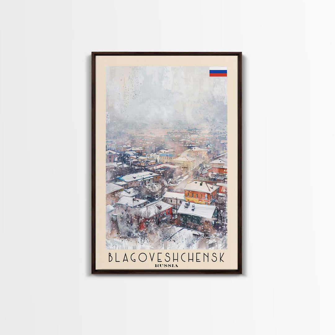 Blagoveshchensk Russia Travel Poster Framed Canvas Print, Wall Art, Home Decor, Travel Print, Winter Scene, Original Art