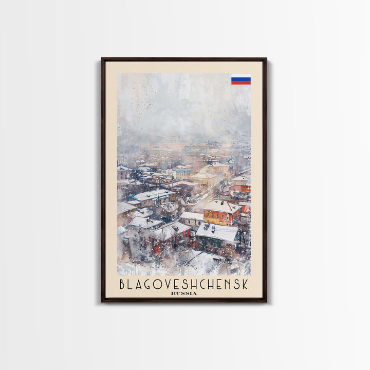 Blagoveshchensk Russia Travel Poster Framed Canvas Print, Wall Art, Home Decor, Travel Print, Winter Scene, Original Art