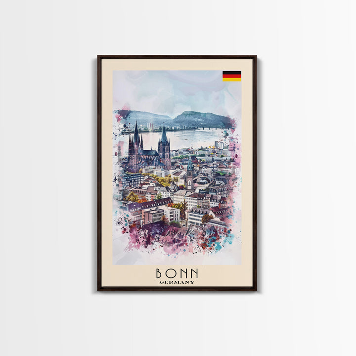 Bonn Germany Travel Poster Framed Canvas Print, Wall Art, Home Decor, Travel Print, River View, Watercolor Painting, Original Art