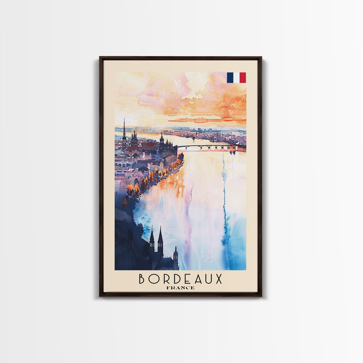 Bordeaux France Travel Poster Framed Canvas Print, Wall Art, Home Decor, Travel Print, Sunset View, Watercolor Art, Original Art