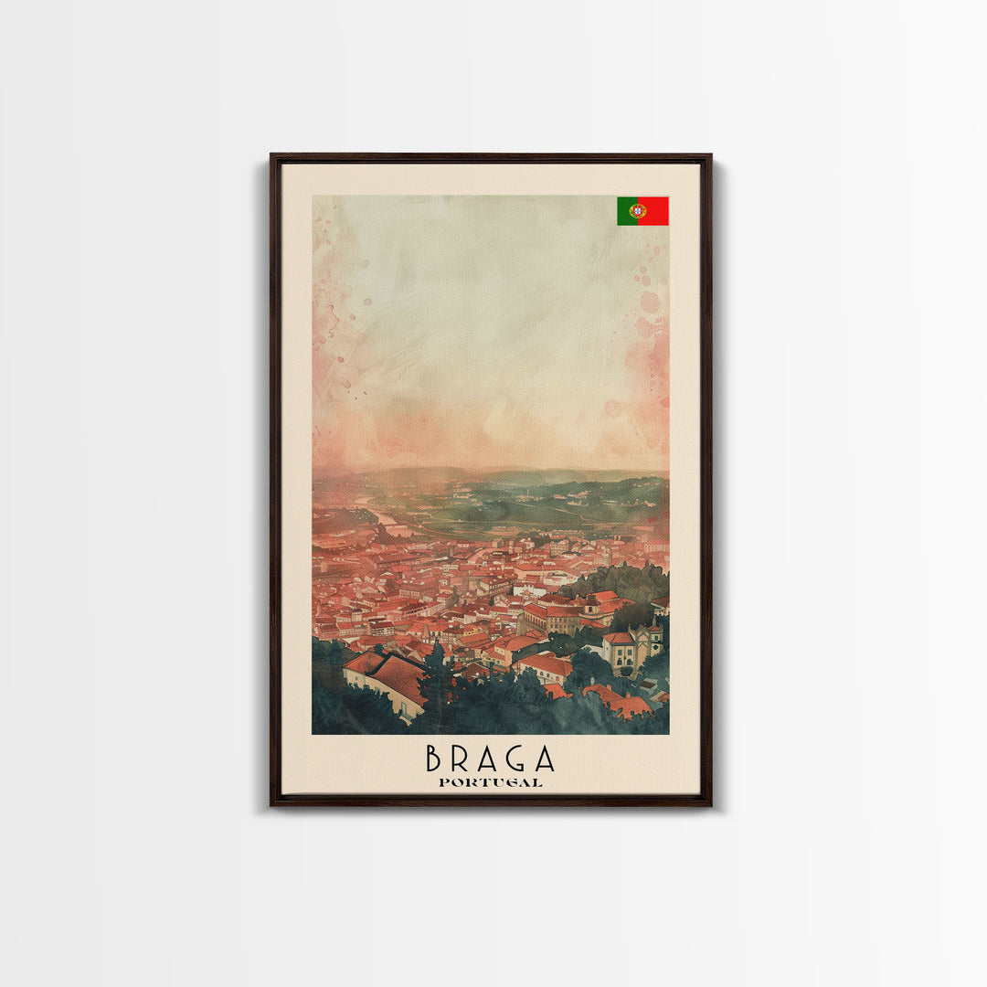 Braga Portugal Travel Poster Framed Canvas Print, Wall Art, Home Decor, Travel Print, Sunset Scene, Boho Art, Original Art