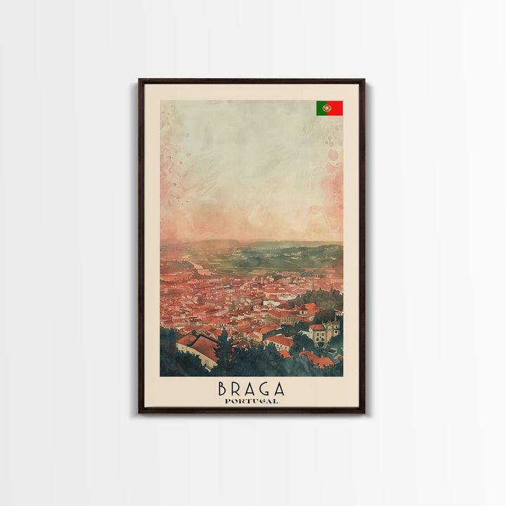 Braga Portugal Travel Poster Framed Canvas Print, Wall Art, Home Decor, Travel Print, Sunset Scene, Boho Art, Original Art
