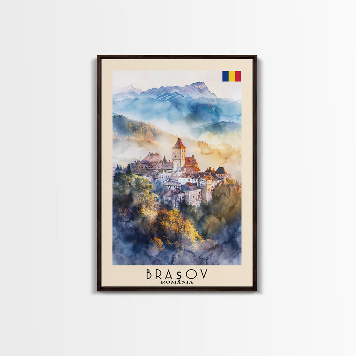 Bra?ov Romania Travel Poster Framed Canvas Print, Wall Art, Home Decor, Travel Print, Mountain View, Watercolor Painting, Original Art