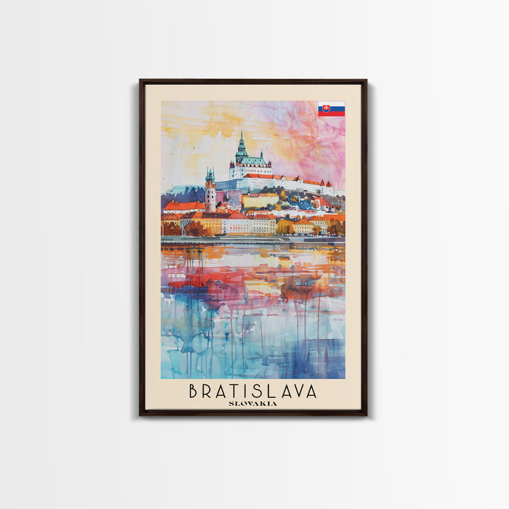 Bratislava Slovakia Travel Poster Framed Canvas Print, Wall Art, Home Decor, Watercolor Painting, Travel Print, Boho Style Art