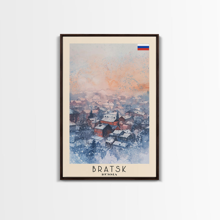 Bratsk Russia Travel Poster Framed Canvas Print, Winter Scene, Wall Art, Home Decor, Travel Print, Abstract Watercolor, Minimalist Art