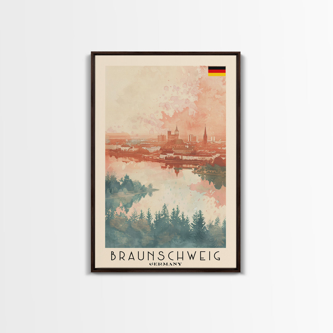 Braunschweig Germany Travel Poster Framed Canvas Print, Cityscape Art, Wall Decor, Travel Print, Watercolor Painting, Urban Scene Art