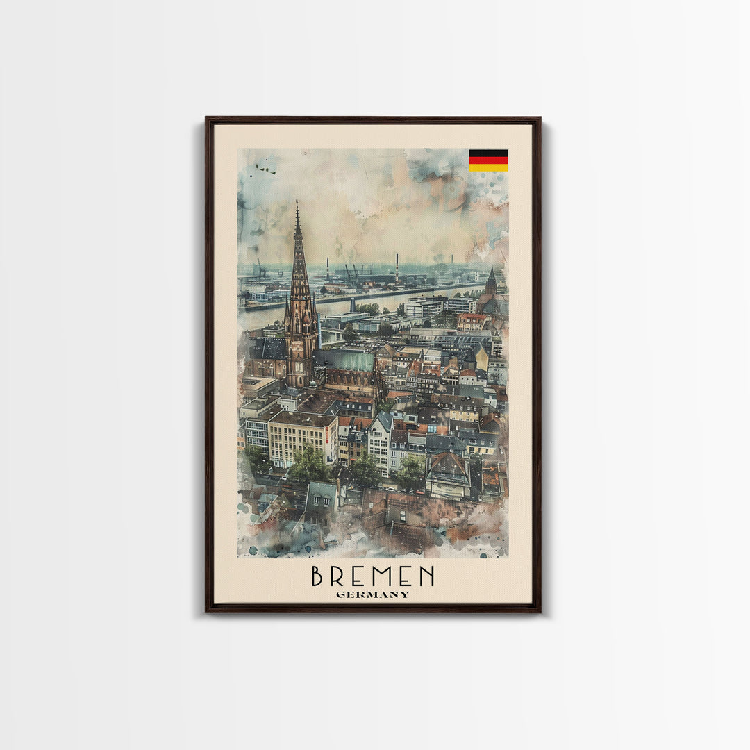 Bremen Germany Travel Poster Framed Canvas Print, Cityscape Art, Wall Decor, Travel Print, Watercolor Painting, Urban Scene, Minimalist Art