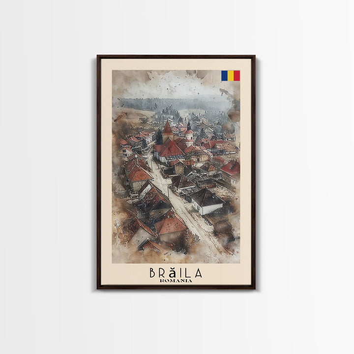 Brăila Romania Travel Poster Framed Canvas Print, Cityscape Art, Wall Decor, Travel Print, Watercolor Painting, Rustic Scene Art