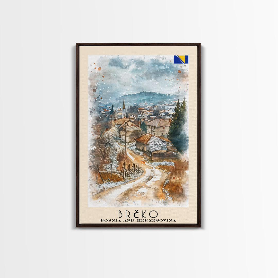 Brčko Bosnia Travel Poster Framed Canvas Print, Cityscape Art, Wall Decor, Travel Print, Watercolor Painting, Urban Scene Art