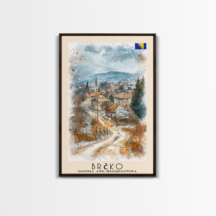 Brčko Bosnia Travel Poster Framed Canvas Print, Cityscape Art, Wall Decor, Travel Print, Watercolor Painting, Urban Scene Art